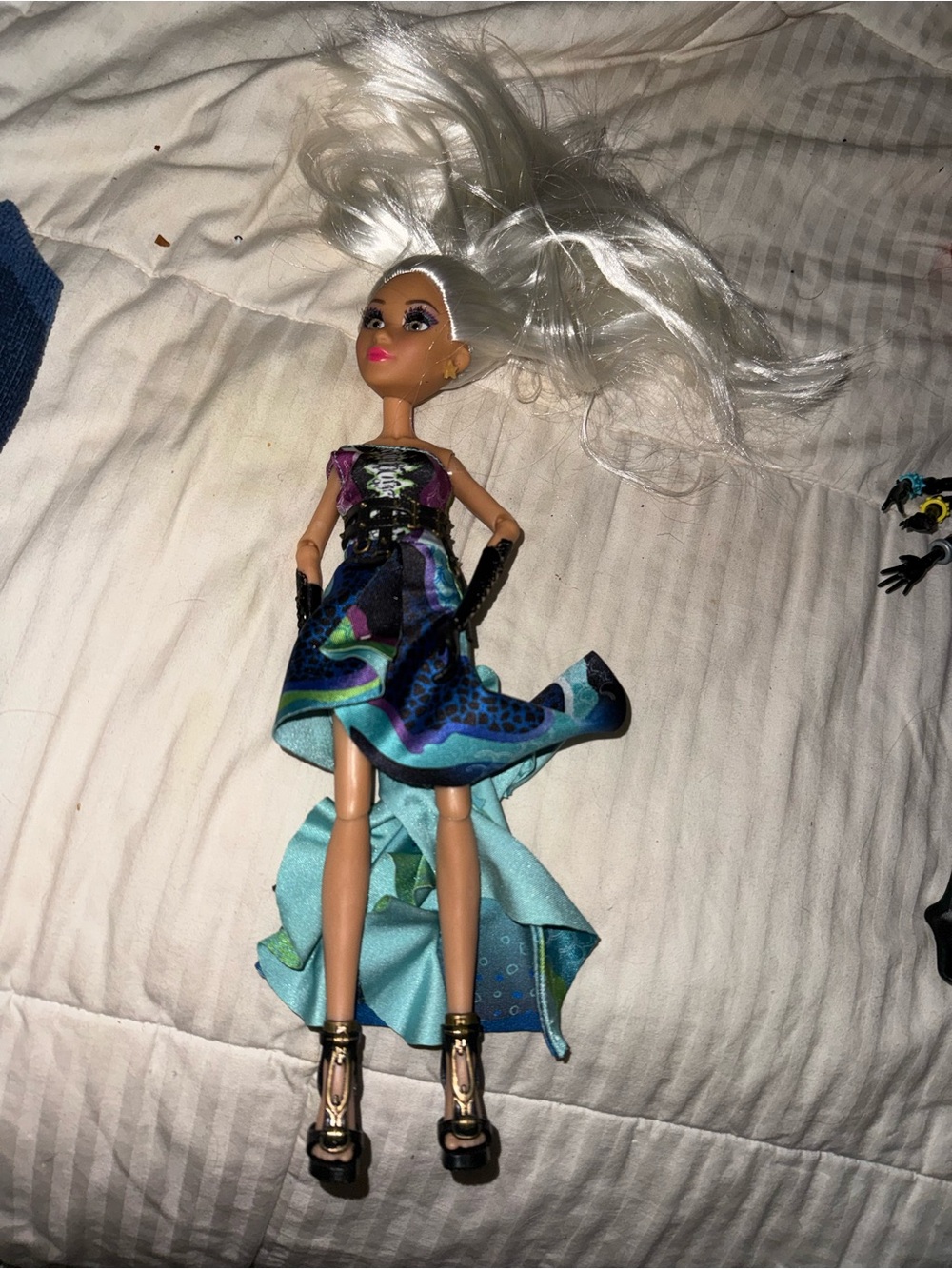 Silver-Haired Fashion Doll in Blue-Purple High-Low Dress